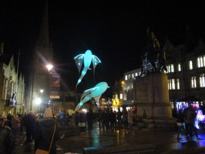 Les Luminéoles Flying Above Durham Market Place (Durham Lumiere 2015)