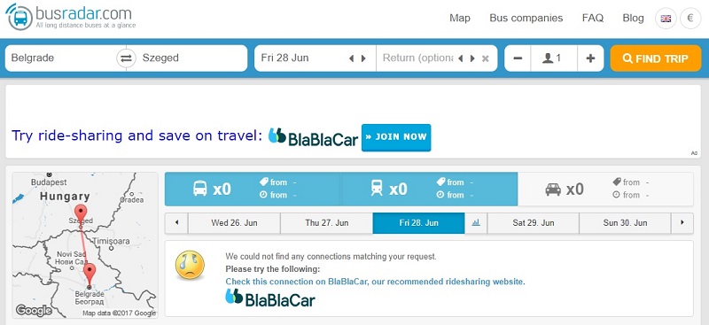 BusRadar Says No and Tells you to Go with BlaBlaCar Insated.