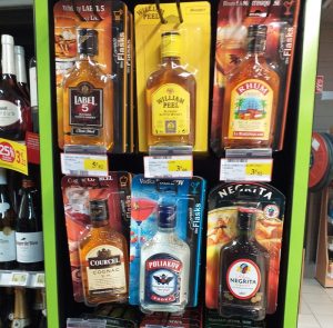 Whiskey and Other Spirits Sold on Cards in a French Supermarket